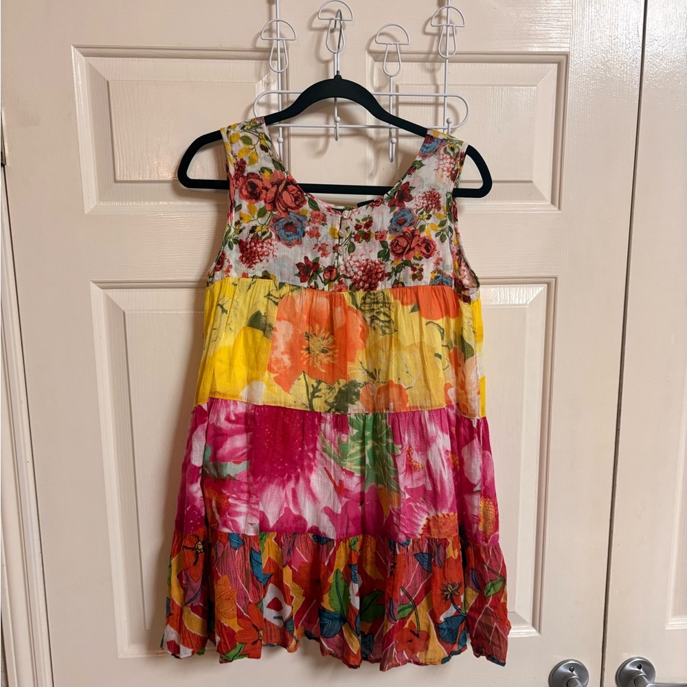 VTG Y2K 90s Tiered 100% Cotton Tank Mini Dress Boho Hippie Gypsy